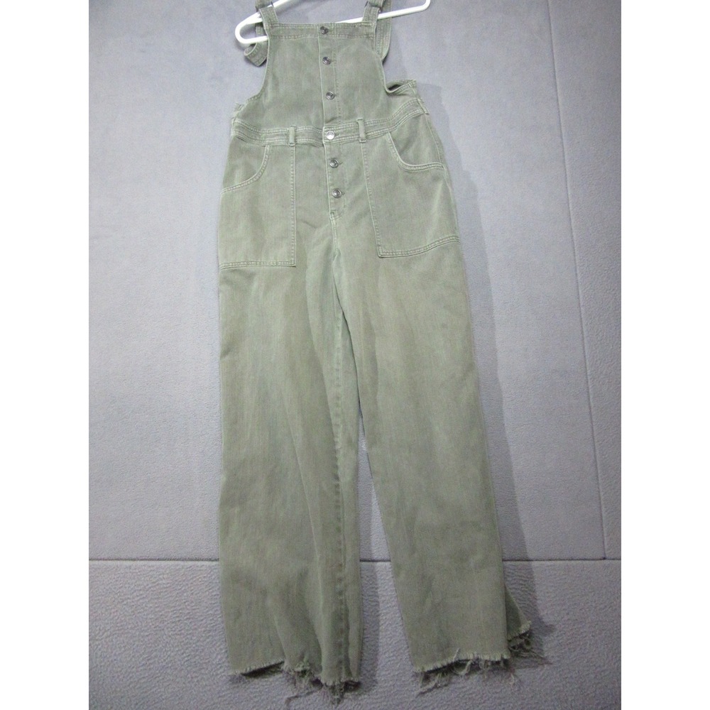 Aerie Overalls Womens Medium Green Button Front Wide Leg Raw Hem Baggy